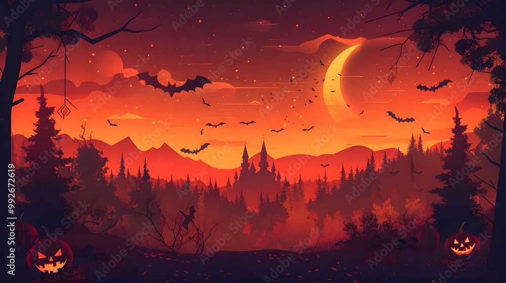 A castle stands tall in the silhouette, surrounded by flying bats beneath an orange moon A castle stands tall in the silhouette, surrounded by flying bats beneath an orange moon