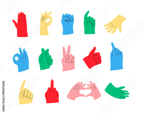 Colorful Hand Gestures Icons Set , Peace, Thumbs Up, and Okay