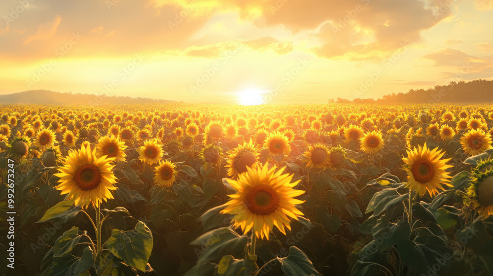 Fototapeta premium A panoramic view of a sunflower field at sunrise, with golden light illuminating the blooms