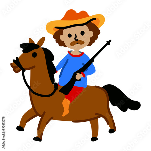 Funny cowboy character on horse in cartoon style. Vector illustration isolated on white background