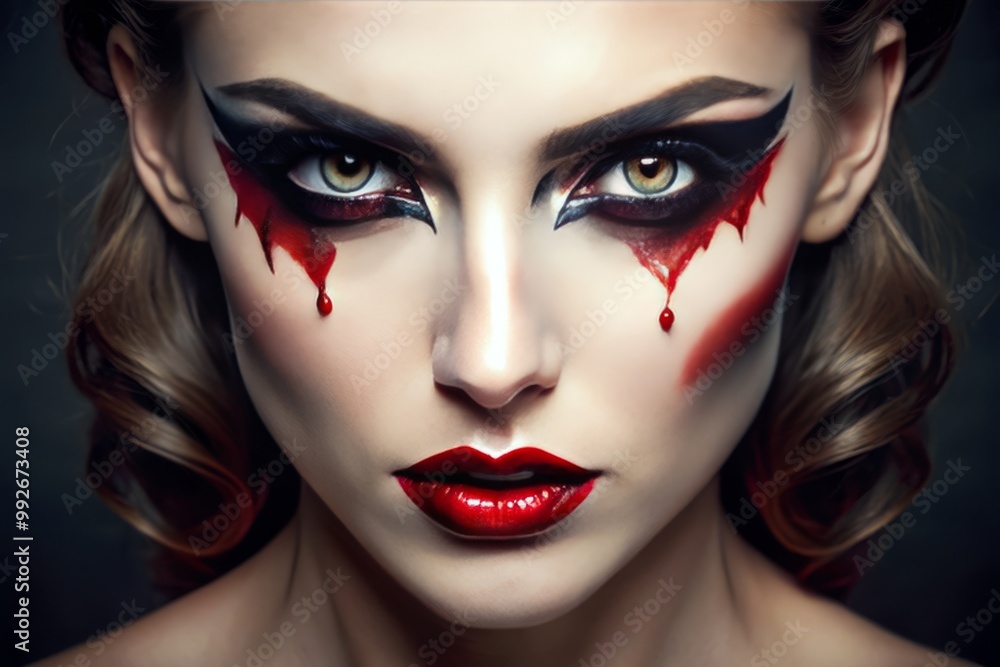 Experience a captivating vampire transformation featuring intense, dramatic eyes paired with vibrant blood-red lips, Experience a captivating vampire transformation featuring intense, dramatic eyes paired with vibrant blood-red lips,