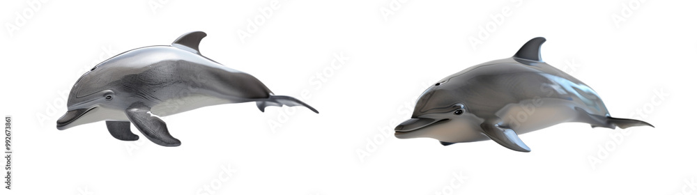 A highly detailed and ultra-sharp 3D model of a baby dolphin, placed on the left side, isolated on a white background A highly detailed and ultra-sharp 3D model of a baby dolphin, placed on the left side, isolated on a white background