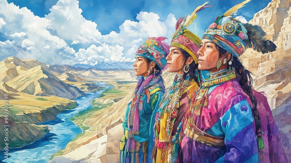 Three majestic figures in traditional attire gaze over a breathtaking landscape, embodying rich cultural heritage and nature's beauty. Three majestic figures in traditional attire gaze over a breathtaking landscape, embodying rich cultural heritage and nature's beauty.