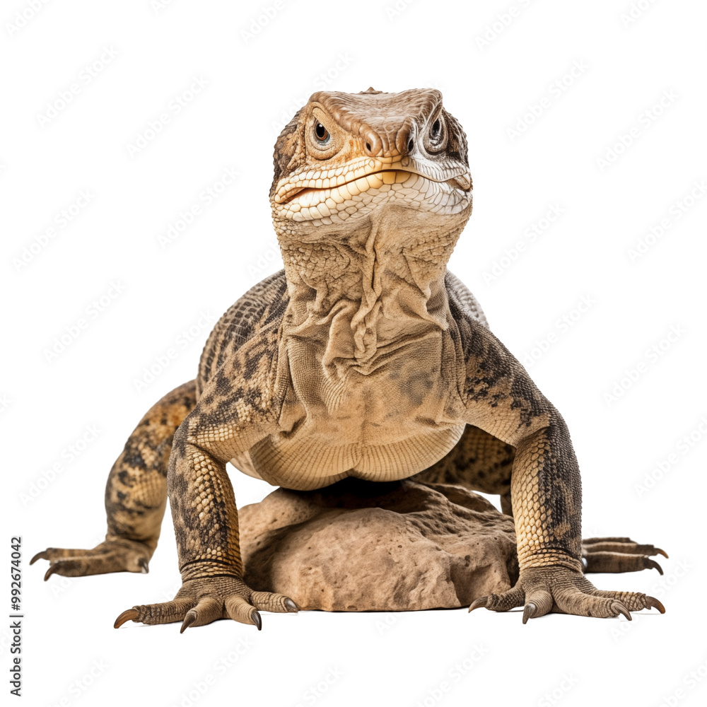 Obraz premium Large Brown Lizard Resting On A Rock With Textured Skin And Intense Stare