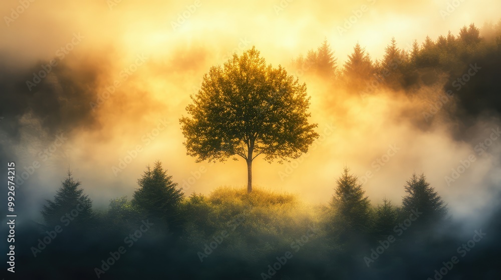 Majestic tree reaching into the misty sky, bathed in soft golden light, standing out against a fog-shrouded forest below Majestic tree reaching into the misty sky, bathed in soft golden light, standing out against a fog-shrouded forest below