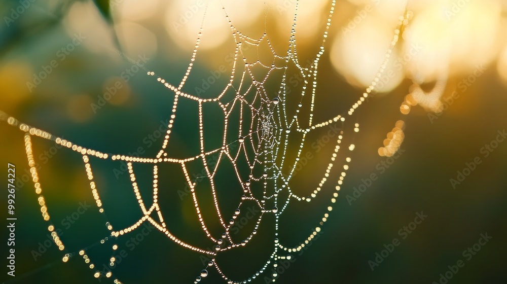 Close-up of a delicate spider web adorned with dew drops, shining in the warm glow of sunrise Close-up of a delicate spider web adorned with dew drops, shining in the warm glow of sunrise