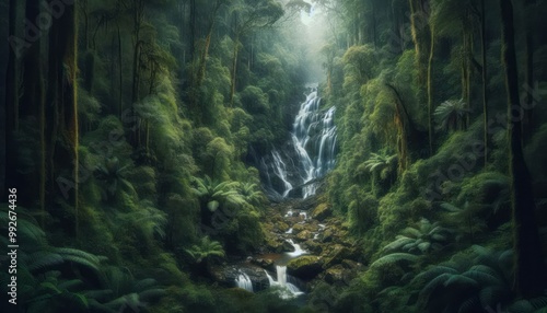 cascading waterfall hidden within a dense rainforest