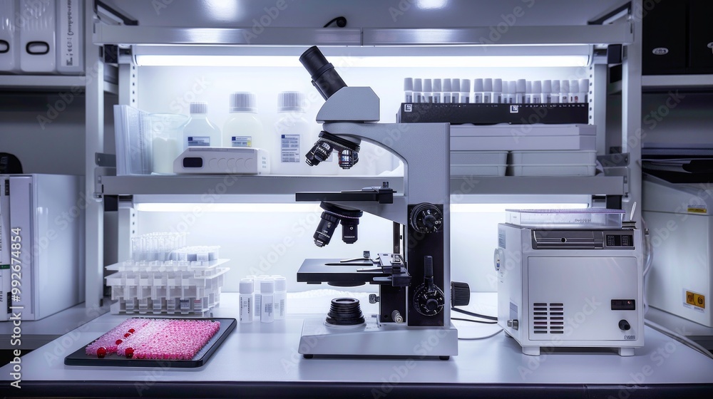 Laboratory Equipment and Microscope on a Clean Workbench Laboratory Equipment and Microscope on a Clean Workbench