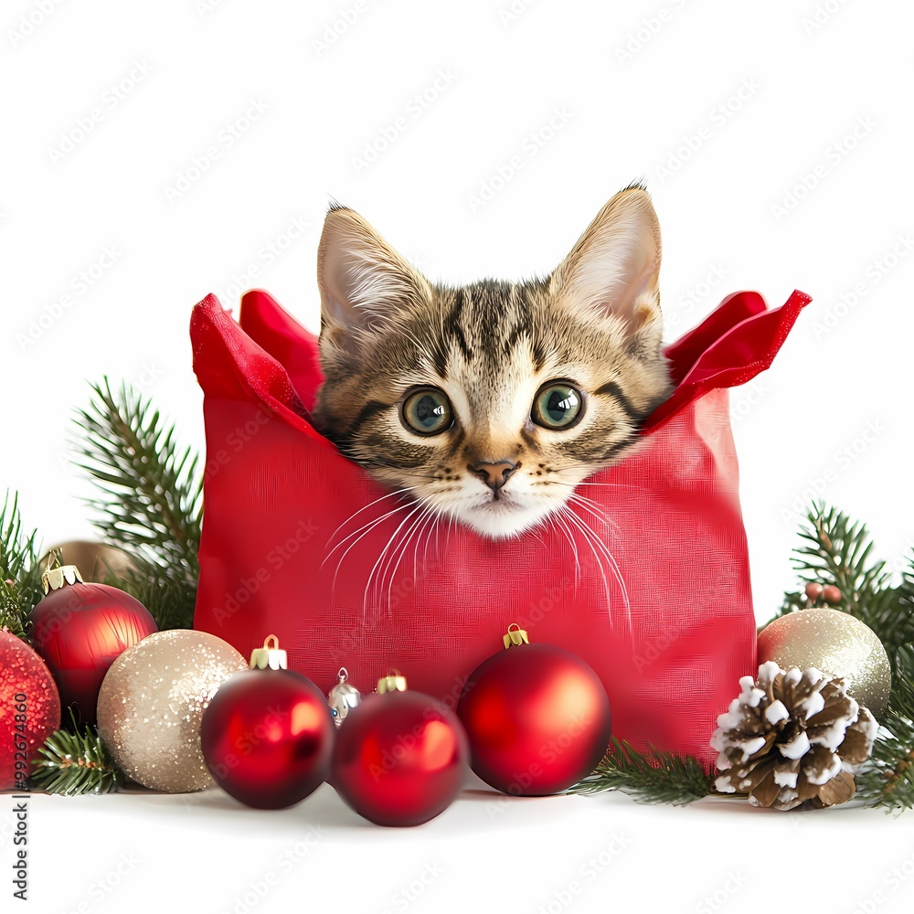 Cute Cat Peeking Out of Gift Bag at Christmas Cute Cat Peeking Out of Gift Bag at Christmas