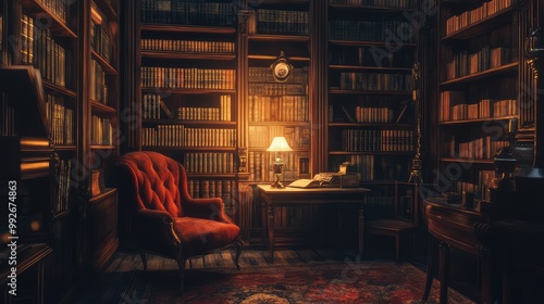 Mysterious old library with dusty books and dim lighting, ideal for spine-tingling Halloween stories