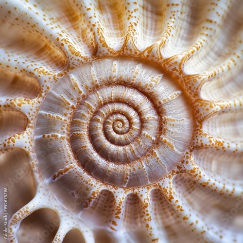 Detailed macro shot of a spiral seashell with stunning textures and organic shapes in warm earthy colors