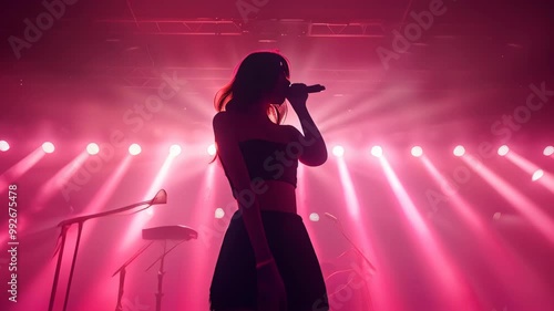 Musical performance under vibrant stage lights in an intimate concert venue at night