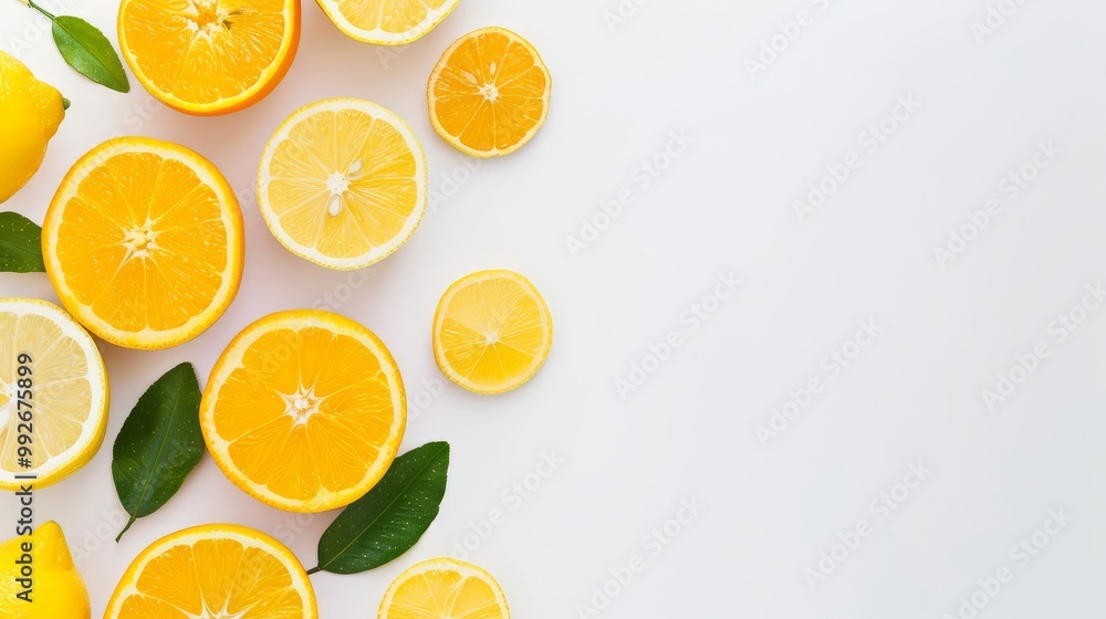 Freshly sliced oranges and lemons on a white background Freshly sliced oranges and lemons on a white background
