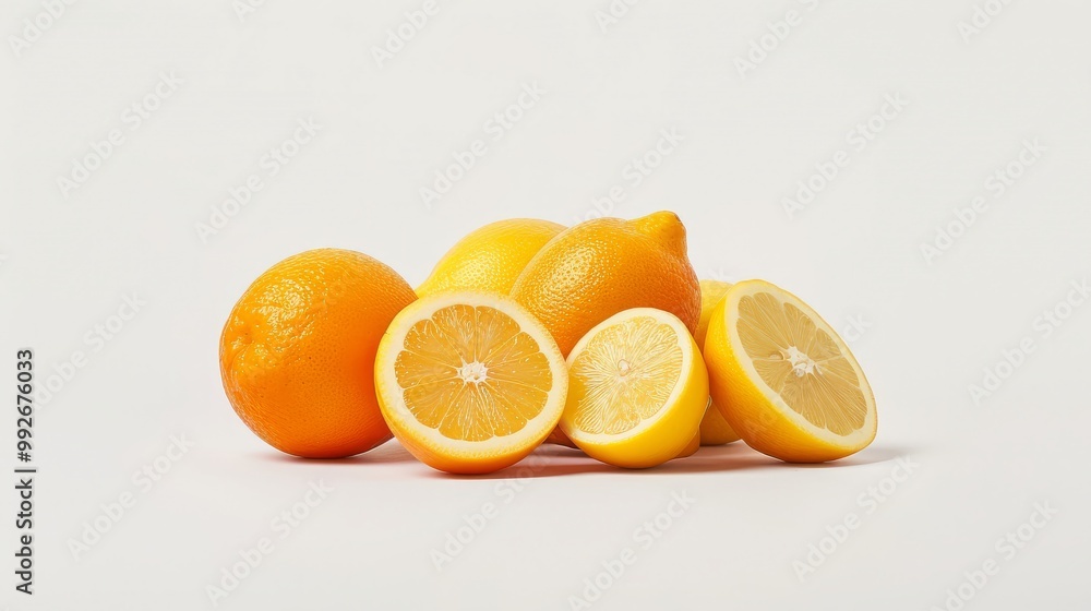 Bright oranges and lemons on a white background Bright oranges and lemons on a white background