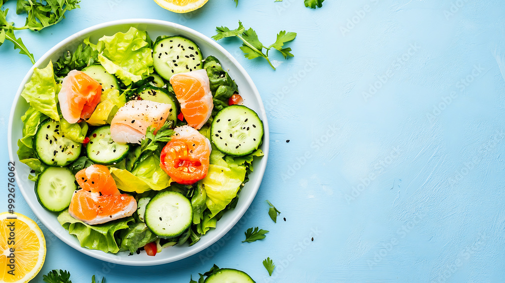 Fresh Salmon Salad with Cucumber and Lemon on a Blue Background. AI Generated Fresh Salmon Salad with Cucumber and Lemon on a Blue Background. AI Generated