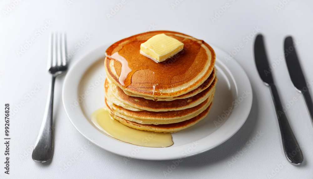 a stack of freshly made pancakes topped with syrup and butter, placed on a white plate with a fork and knife on the side, set against a white background a stack of freshly made pancakes topped with syrup and butter, placed on a white plate with a fork and knife on the side, set against a white background