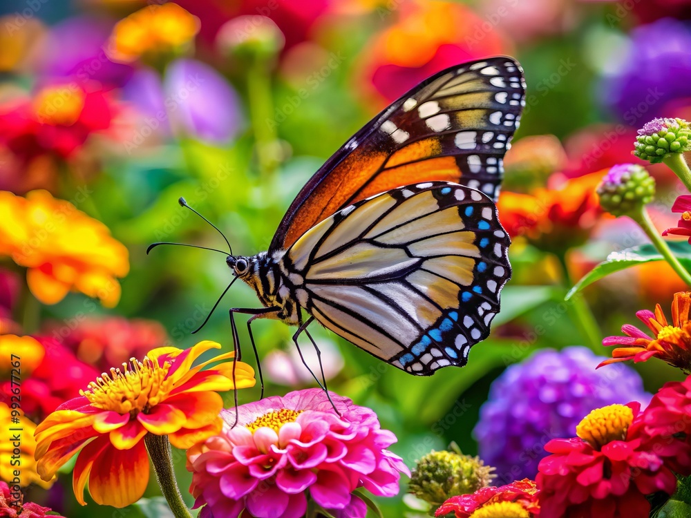 In a breathtaking garden, a lovely pregnant butterfly rests gracefully on vivid flower petals, embodying the serene In a breathtaking garden, a lovely pregnant butterfly rests gracefully on vivid flower petals, embodying the serene