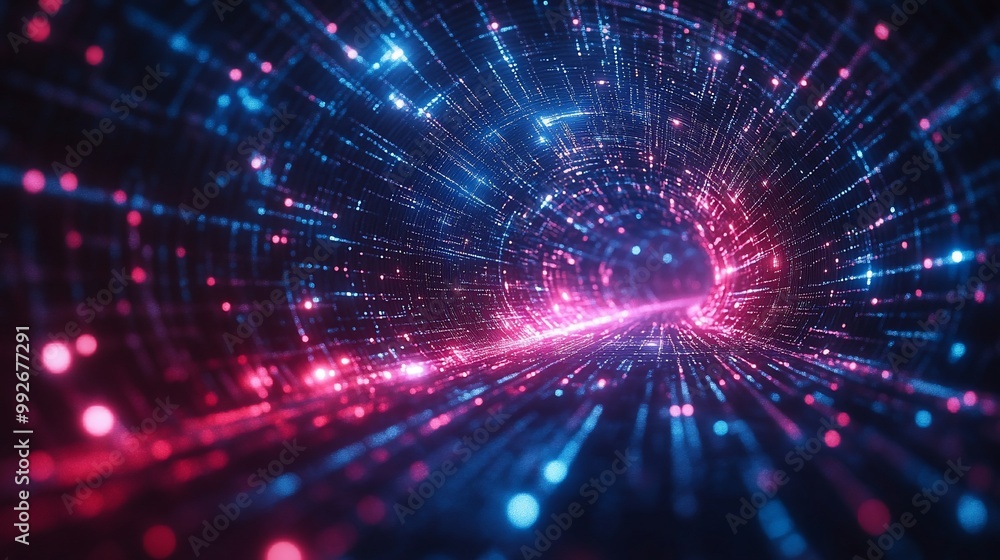 Abstract digital tunnel with glowing lines and particles in pink and blue. Abstract digital tunnel with glowing lines and particles in pink and blue.