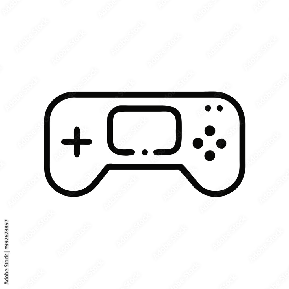 A simple video game controller, outlined in black. The controller has a directional pad on the left, buttons on the right, and a rectangular screen in the center, on a transparent background A simple video game controller, outlined in black. The controller has a directional pad on the left, buttons on the right, and a rectangular screen in the center, on a transparent background