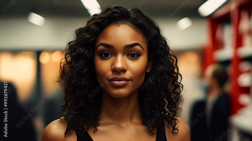 A confident young woman with curly hair stands in a vibrant urban store, showcasing natural beauty and strength A confident young woman with curly hair stands in a vibrant urban store, showcasing natural beauty and strength