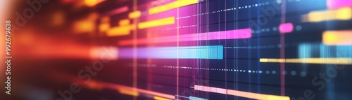 Business workflow depicted through a colorful Gantt chart on a sleek computer screen, project management, operations planning, timeline analysis