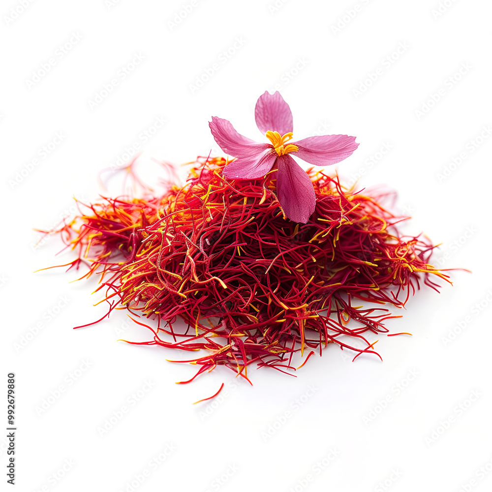 Naklejka premium Dried saffron threads. Bunch of saffron stamens on white background. Spices. Crocus buds. Saffron stigmas heap. High resolution photo