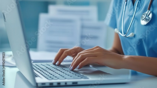 Side view of female healthcare worker s hand typing on computer, medical documents in background photo