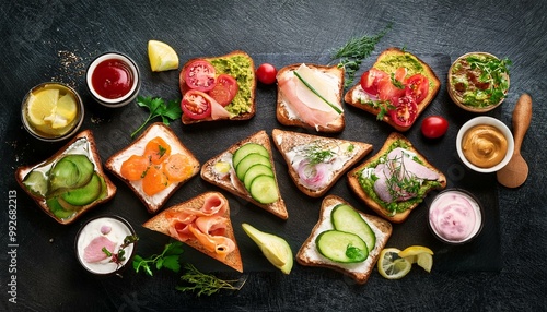 various sandwiches and ingredients on the table