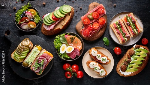 various sandwiches and ingredients on the table