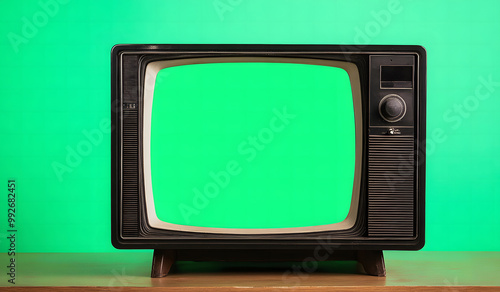 Vintage Television with Green Screen Display on Wooden Table design