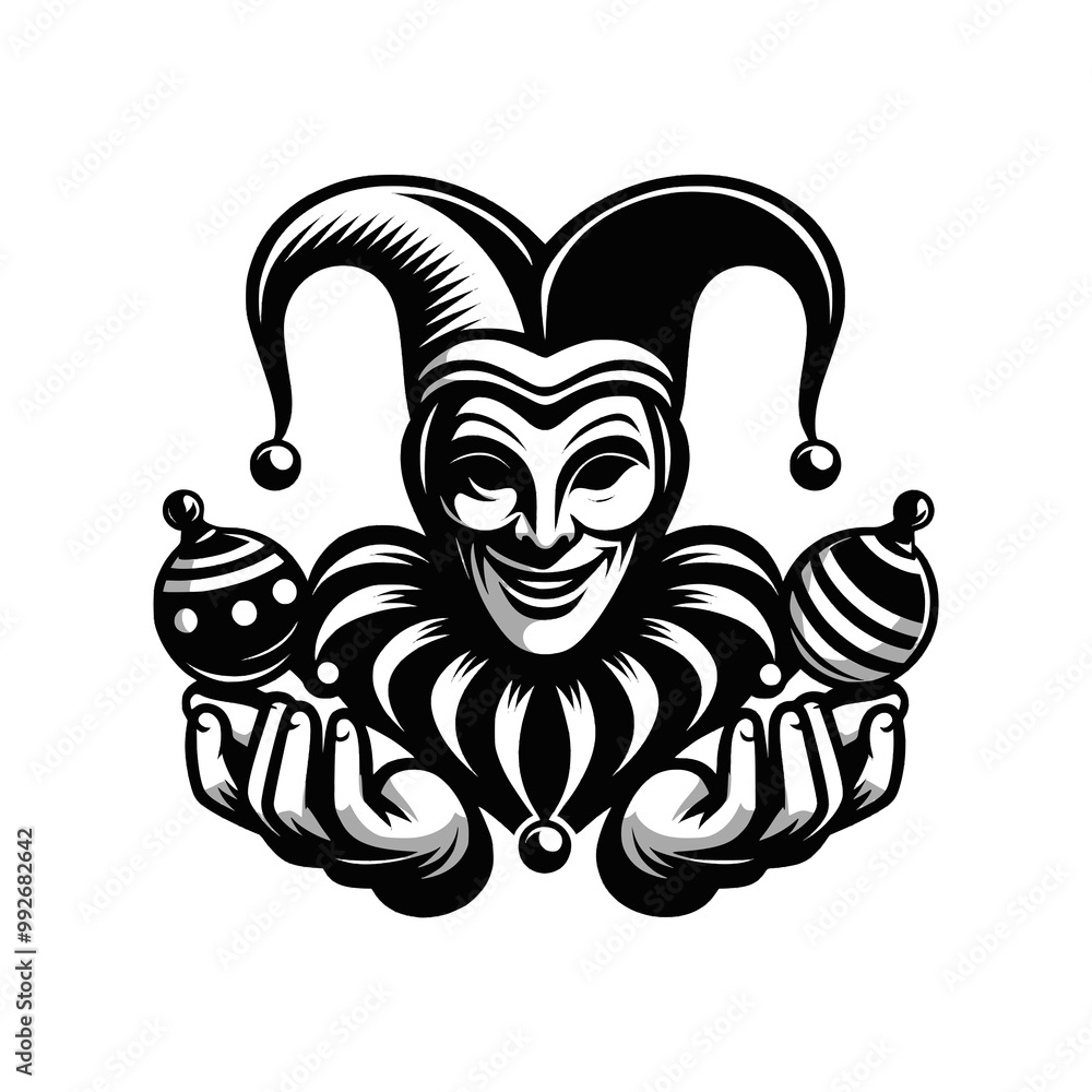 Obraz premium Vector logo of a jester isolated on a white background. Black and white illustration of a joker. Can be used as a tattoo, emblem, logo.