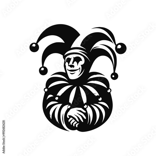 Vector logo of a jester isolated on a white background. Black and white illustration of a joker. Can be used as a tattoo, emblem, logo.
