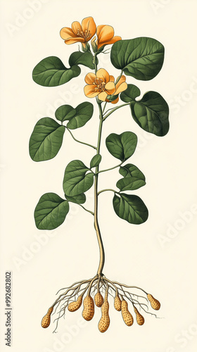 A botanical illustration of a plant of peanut showing its roots, stem, leaves, flower and fruit
