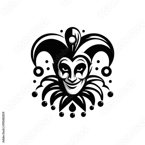 Vector logo of a jester isolated on a white background. Black and white illustration of a joker. Can be used as a tattoo, emblem, logo.