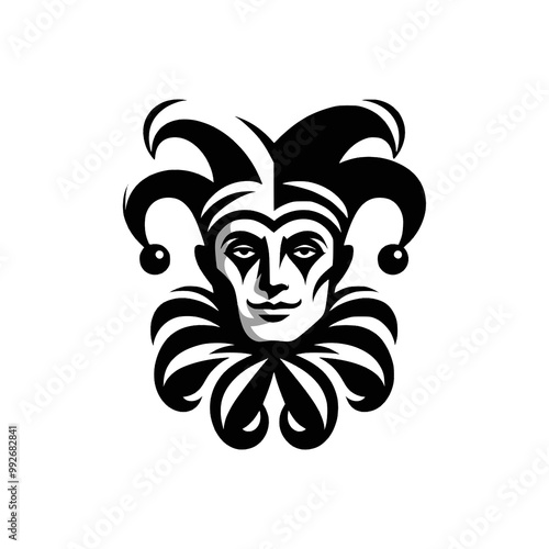 Vector logo of a jester isolated on a white background. Black and white illustration of a joker. Can be used as a tattoo, emblem, logo.