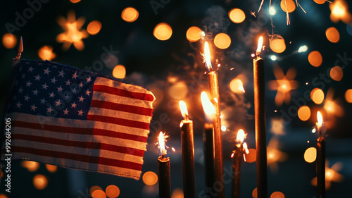 Celebratory candles and an American flag illuminated at night during a festive gathering photo