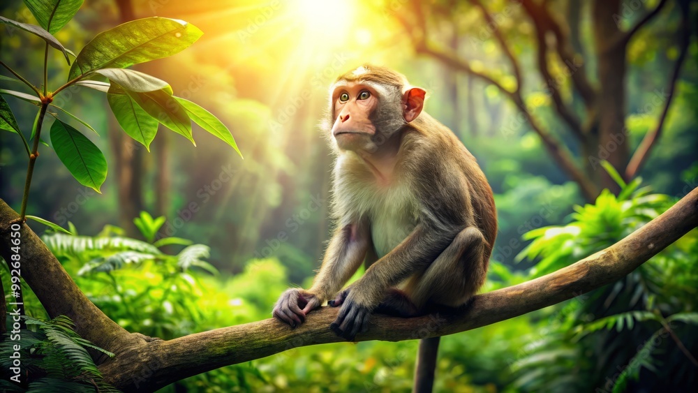 In a vivid, sunlit forest, a curious monkey sits on a branch, immersed in the flourishing foliage, embracing In a vivid, sunlit forest, a curious monkey sits on a branch, immersed in the flourishing foliage, embracing