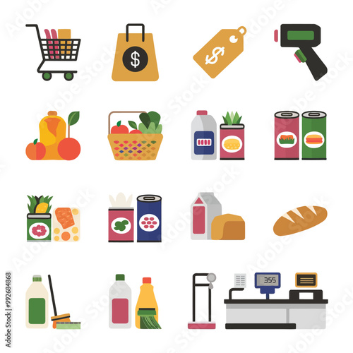 illustrations vector sale offer supper market items icon  for juice and basket ,label ,price , fruits , others 
