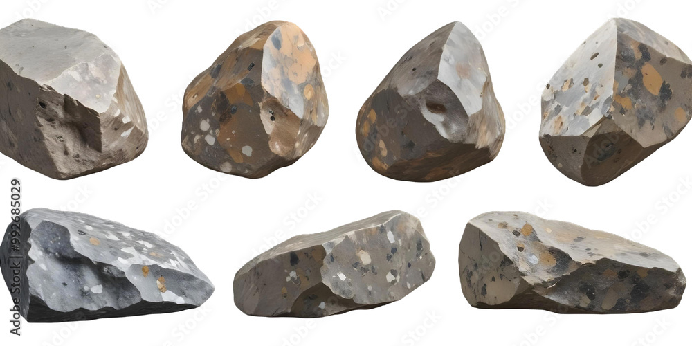 Assorted rocks and stones of various shapes and sizes, with rough, uneven surfaces and mottled gray and brown coloring. The rocks appear to be natural, unpolished specimens with a Transparent Backgro Assorted rocks and stones of various shapes and sizes, with rough, uneven surfaces and mottled gray and brown coloring. The rocks appear to be natural, unpolished specimens with a Transparent Backgro