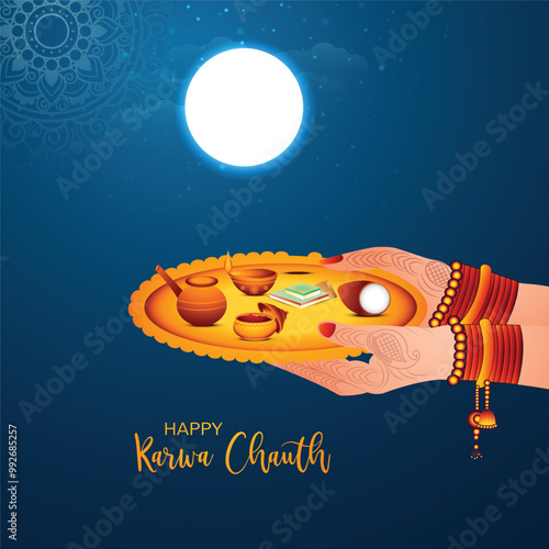 Happy karwa chauth with decorated puja thali of greeting card background