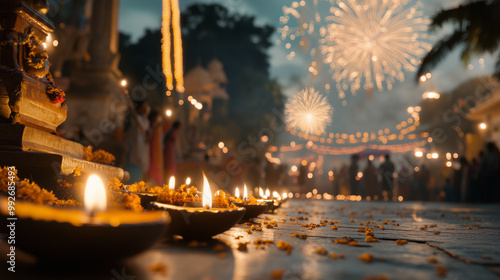 A warm Diwali celebration featuring traditional oil lamps, vibrant flowers, and people enjoying the festival with lights and fireworks.
