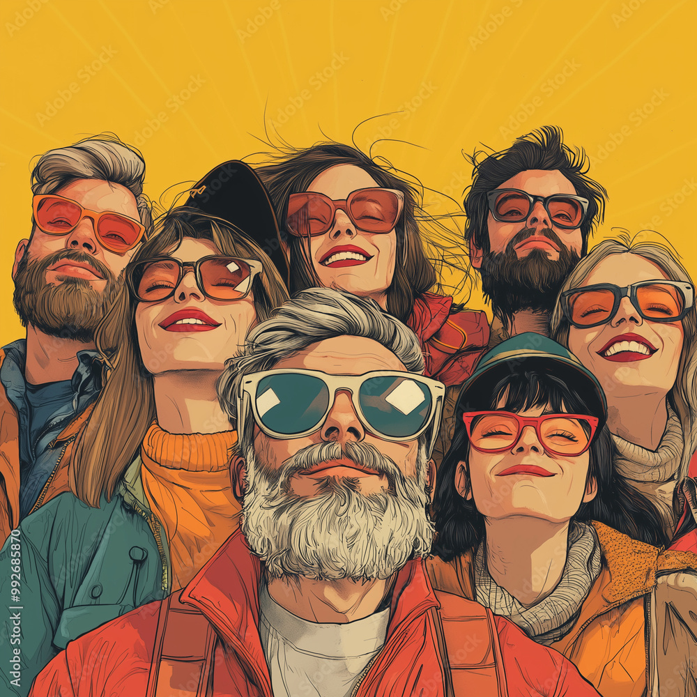 Fototapeta premium A group of people wearing sunglasses and smiling. Scene is happy and cheerful. The concept of the image is a group of friends or family members enjoying a sunny day together