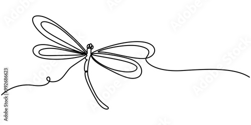 Dragonfly abstract silhouette, continuous line drawing, small tattoo, print for clothes and logo design, emblem or logo design, isolated vector illustration, Continuous one line drawing. Flying dragon