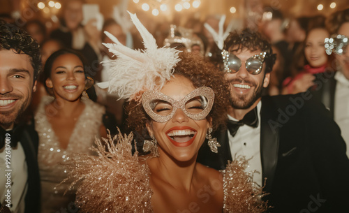 Wallpaper Mural women, men wearing elegant masquerade masks with feathers in black gold, having fun party night at halloween masquerade ball carnival. men in black tuxedo suits with black and golden masquerade masks Torontodigital.ca