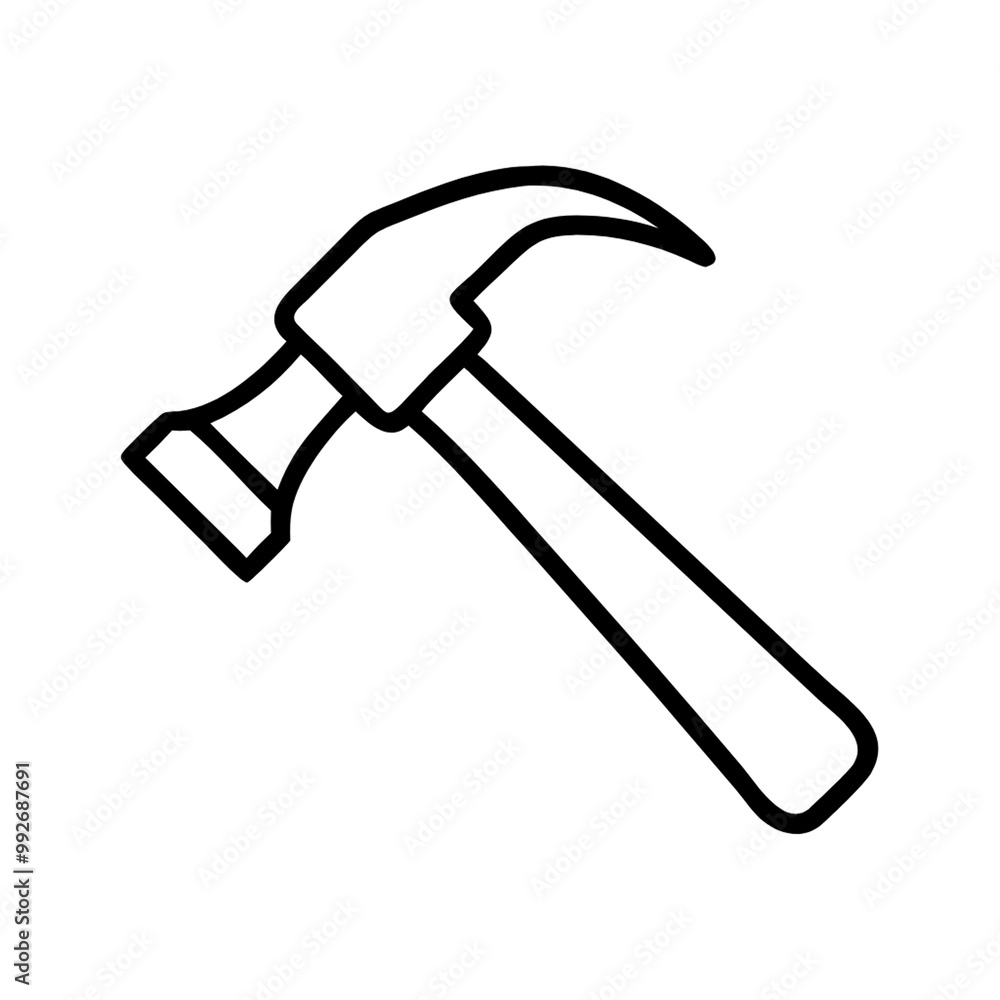 A clean, minimalist illustration of a hammer, focusing on the essential form and function, with simple lines emphasizing its utility and purpose in construction, on a transparent background