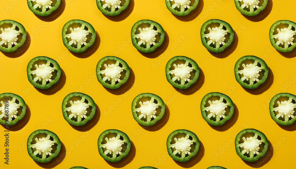Slice of green jalapeno pattern on yellow background Slice of green jalapeno pattern on yellow background