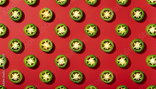Slice of green jalapeno pattern on red background