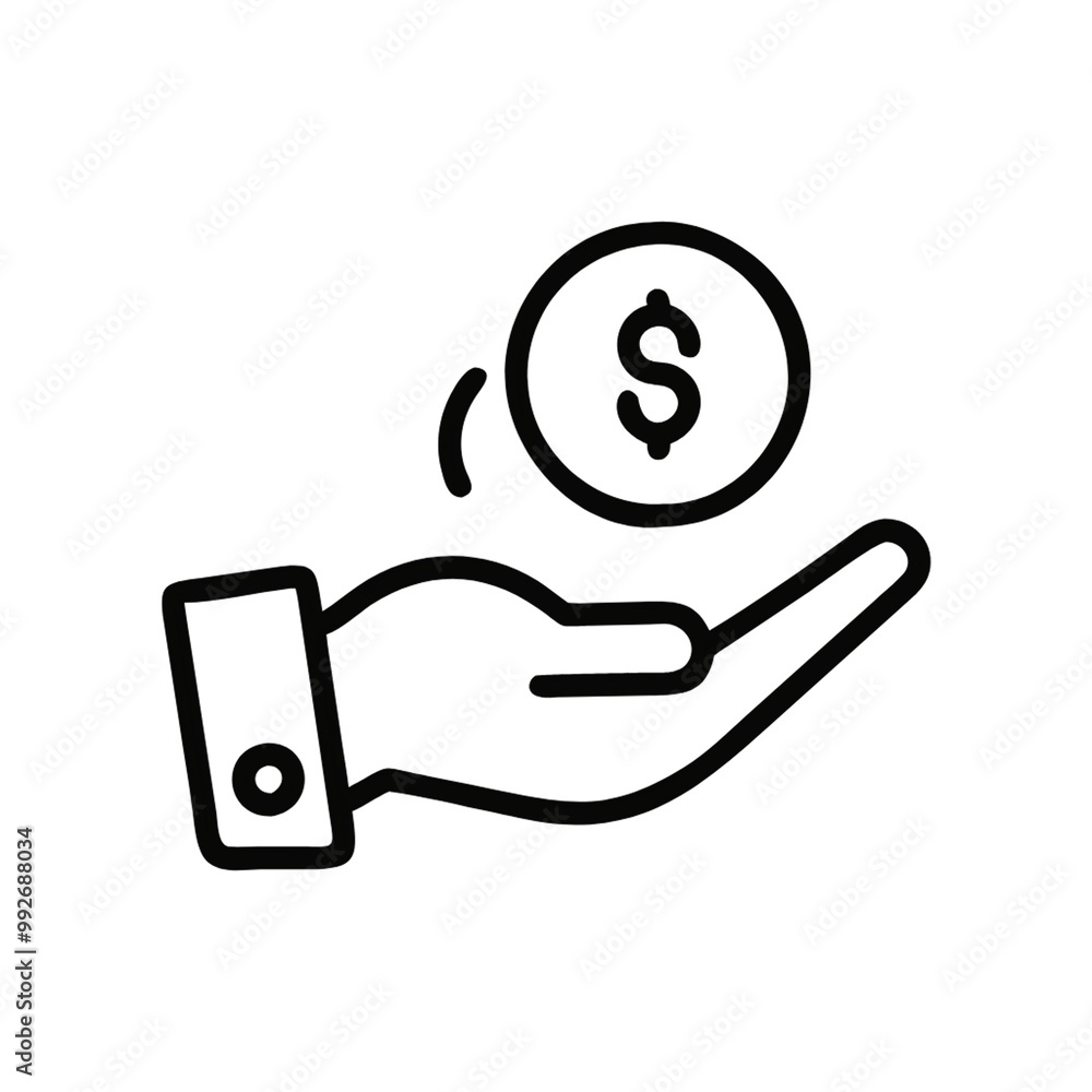 A hand is extended palm up, holding a coin with a dollar sign, symbolizing transactions, giving, or receiving money. The minimalist design is effective, on a transparent background A hand is extended palm up, holding a coin with a dollar sign, symbolizing transactions, giving, or receiving money. The minimalist design is effective, on a transparent background