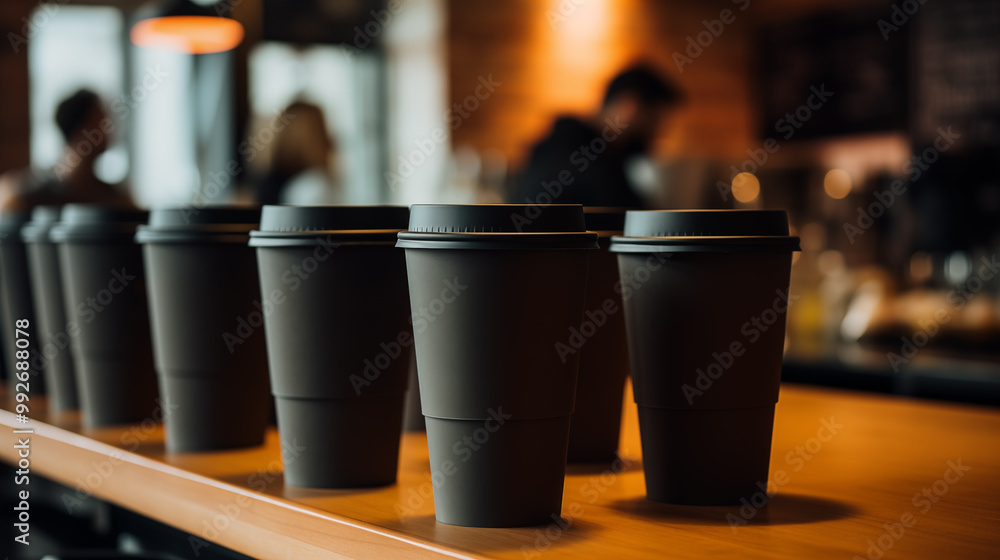 Takeaway coffee cups on a wooden counter in a cozy cafe Takeaway coffee cups on a wooden counter in a cozy cafe