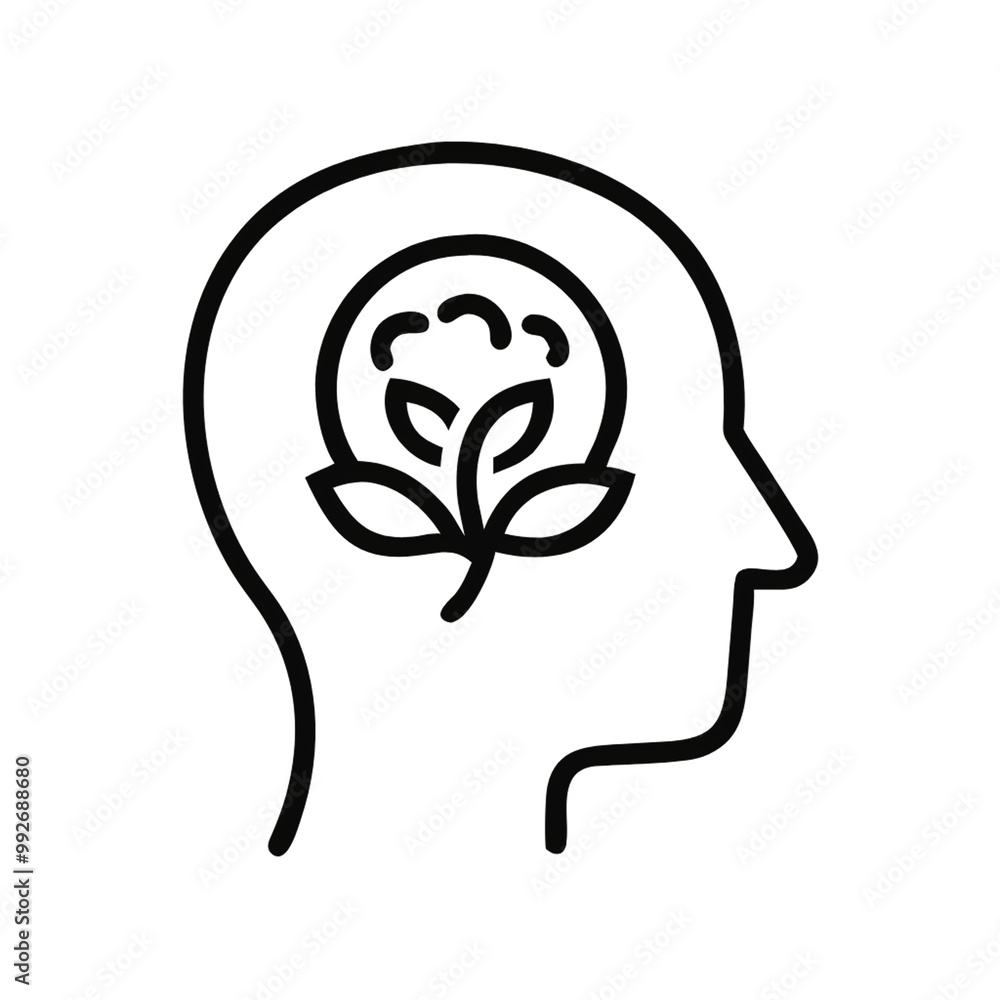 Obraz premium A line drawing of a human head with a plant growing inside, symbolizing mental health, growth, and the nurturing of a healthy mind, on a transparent background